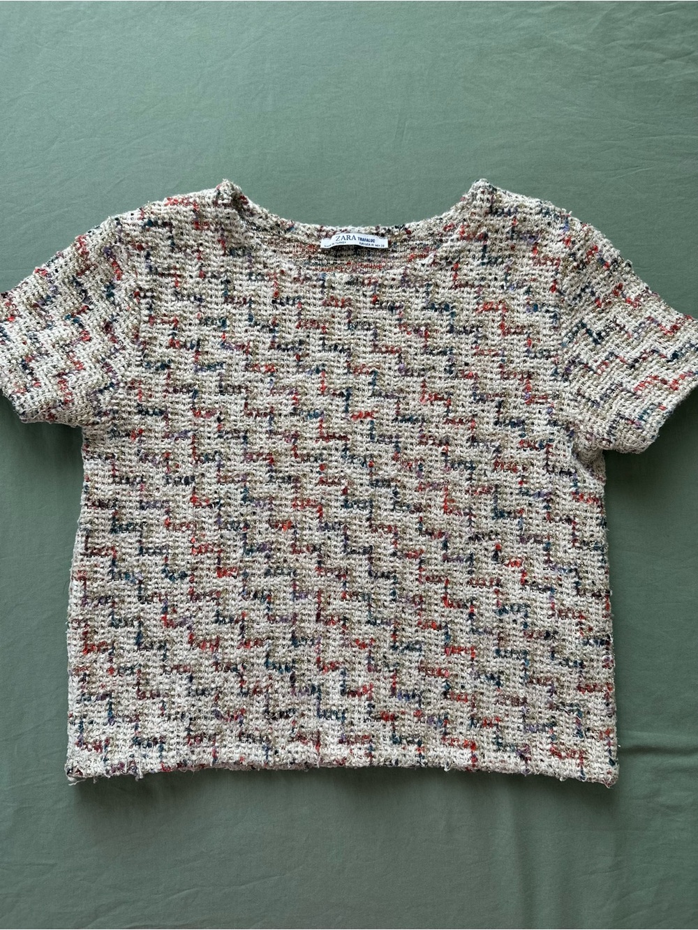 Zara Cream Tweed Short Sleeve Top with Multicolor Flecks